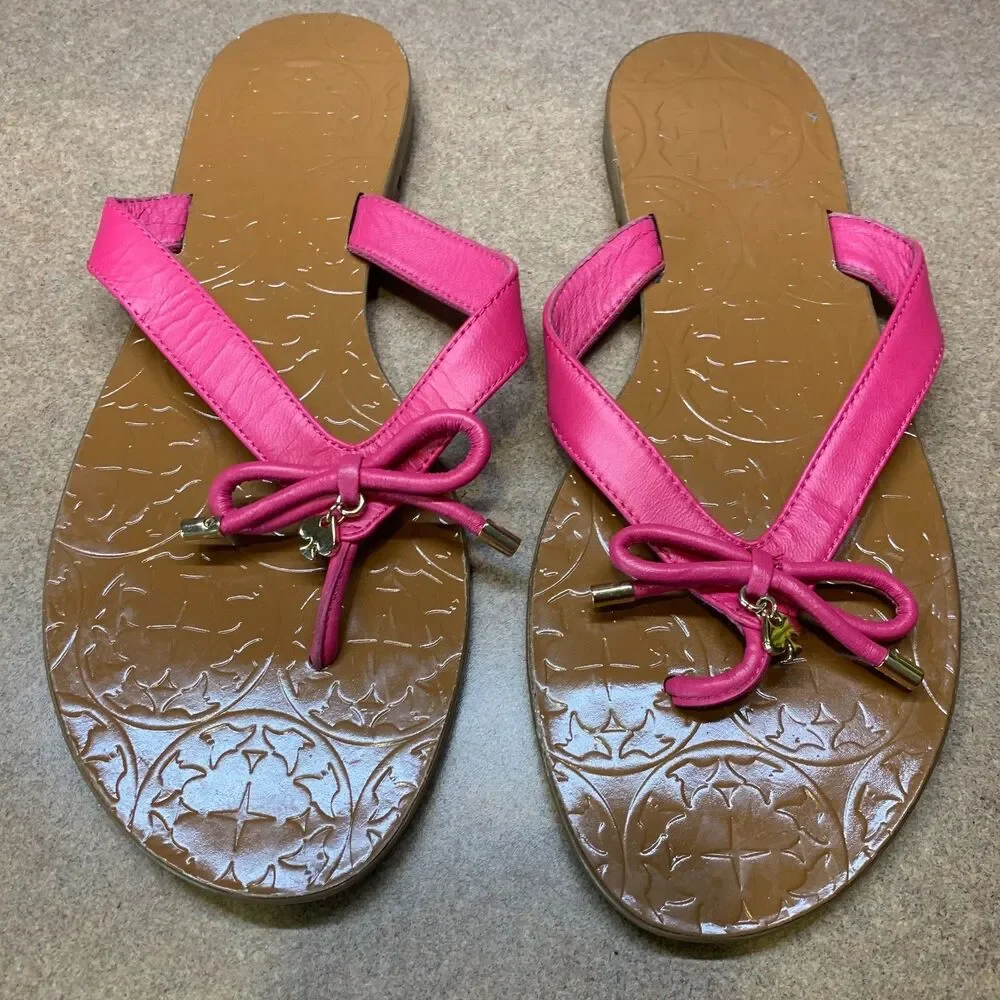 Kate Spade Hot Pink Flip Flops SZ 8. 5 Bow Charm Low Heel Girly Thong Slides